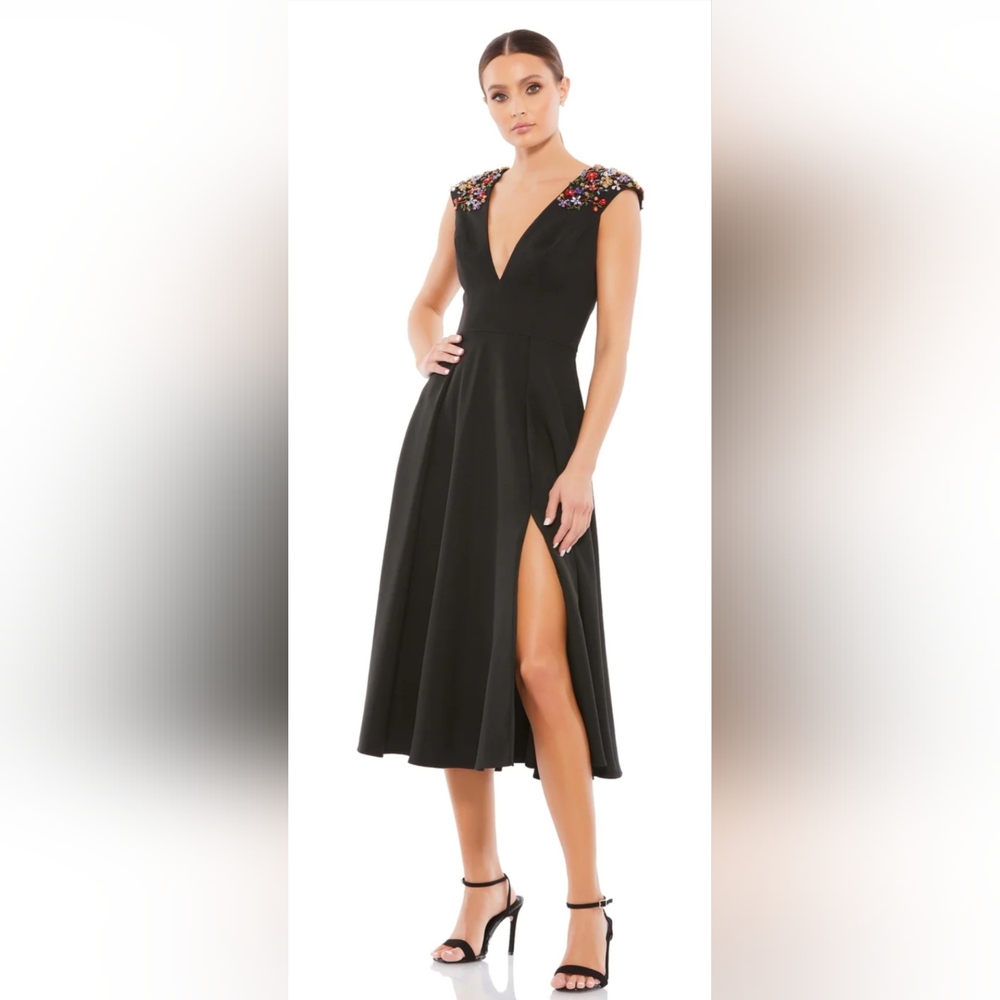 Mac Duggal BEADED CAP SLEEVE A LINE MIDI DRESS NWT size 16 black (70214)